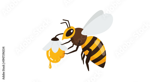 Charming cartoon bee diligently gathering golden liquid from a white flower, a sweet illustration symbolizing nature's pollination and bounty