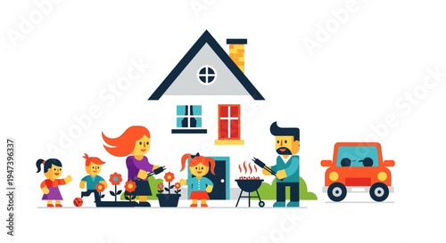 Family enjoying a barbecue in front of their home with a car parked outside