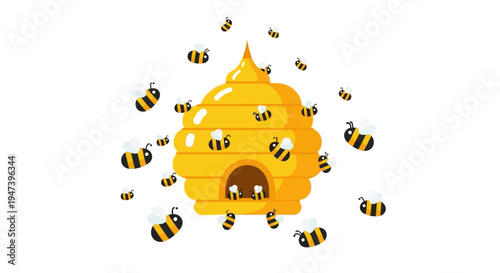 Vibrant Cartoon Beehive Teeming with Busy Bees Swarming and Collaborating to Produce Golden Honey, Symbolizing Nature's Sweet Productivity