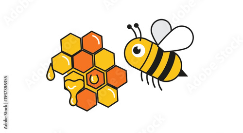 Cute cartoon bee and honeycomb with dripping honey illustration