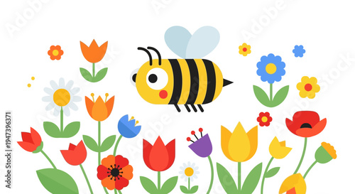 Whimsical cartoon bee buzzing happily amidst a vibrant field of colorful spring flowers, a charming ode to nature's awakening