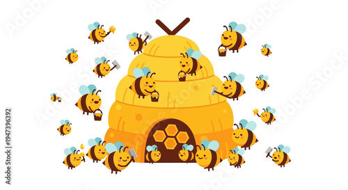 Busy cartoon bees fly around a golden beehive, diligently collecting sweet honey in a vibrant, cheerful illustration of insect life and natural productivity