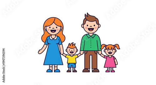 Cheerful cartoon family portrait standing united with broad smiles, symbolizing strong bonds and happiness in a loving home environment