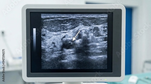 Medical monitor displaying a breast ultrasound scan with an arrow pointing to a lesion.