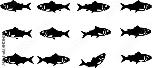 Set of Minimalist black sardine seafood silhouette vector icon