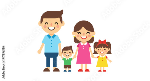 Joyful cartoon illustration of a happy family of four, featuring smiling parents holding hands with their two cheerful children, embodying love and togetherness