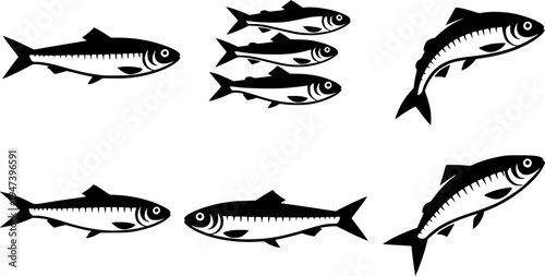Set of Minimalist black sardine seafood silhouette vector icon