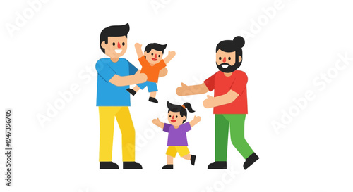Joyful illustration of a happy modern family, two loving fathers playing with their children. Celebrating diverse parenting and inclusive family values