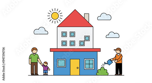 Illustration of a family tending to their home and garden with a sunny sky in the background
