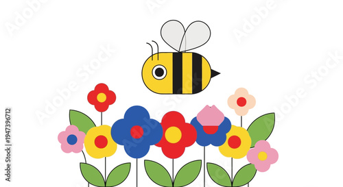 Cheerful cartoon bee hovers above a vibrant array of blooming flowers, a delightful illustration depicting nature's playful spirit and springtime joy