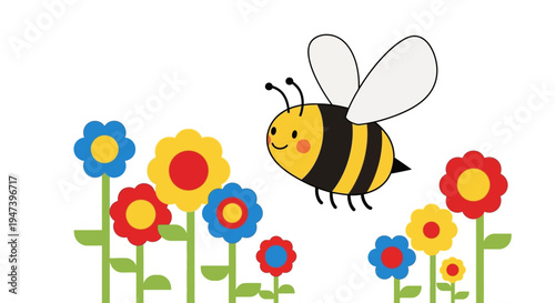 Charming illustration of a cheerful bee flying amongst a vibrant array of colorful cartoon flowers in a delightful springtime garden scene, perfect for children's themes and nature-inspired designs