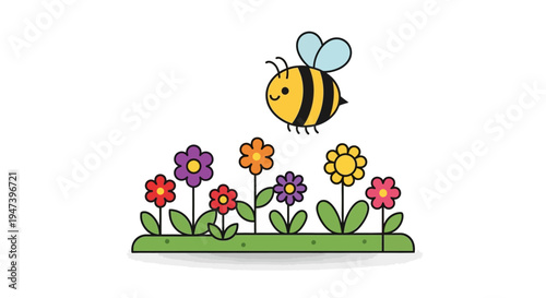 Cheerful cartoon bee gracefully flies above a vibrant array of colorful blooming flowers, symbolizing the beauty of nature and vital pollination process in a sunny garden scene