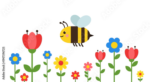 Charming illustration of a bumblebee hovering over a field of vibrant wildflowers in a delightful cartoon style