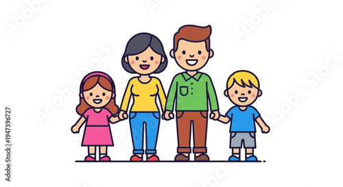 A happy, smiling family of four, consisting of two parents and two young children, standing together and holding hands