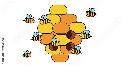 A swarm of bees flying around a honeycomb structure on a white background