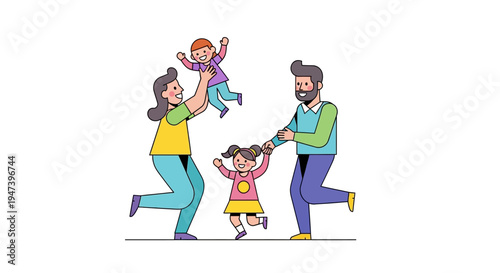 Joyful family actively playing, parents playfully lifting children in a vibrant flat vector illustration symbolizing domestic happiness and bonding