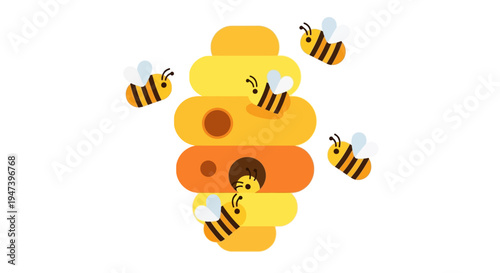Vibrant Cartoon Illustration of Busy Honey Bees Swarming Around a Golden Beehive on a Bright White Background, Symbolizing Nature's Productivity and Sweetness