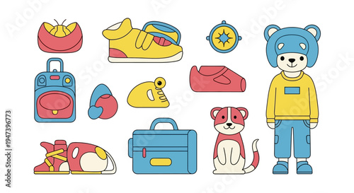 Collection of cartoon-style icons featuring children's backpack, shoes, toy dog, and a bear costume, representing childhood and outdoor activities