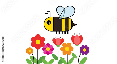Cute cartoon bee flying over colorful flowers in a garden on a white background