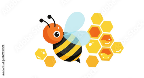 Cute cartoon bee with honeycomb and honey droplets illustration for design