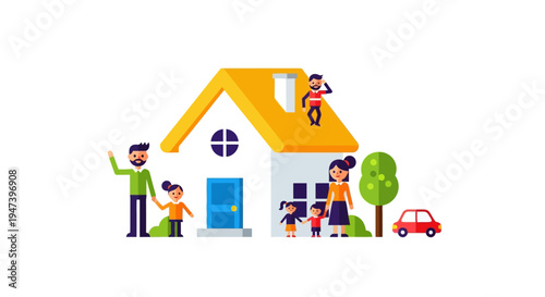 Happy Family with Home, Car, and Tree Illustration - A Symbol of Domestic Bliss and Security