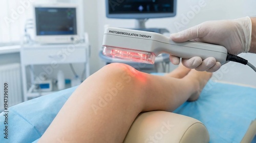 Physiotherapist performing laser therapy on a patients knee joint for pain relief in a modern medical clinic.