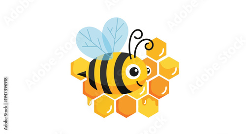 Vibrant and Playful Cartoon Bee Character with Sparkling Wings and Golden Honeycomb Full of Sweet Dripping Honey Design Element