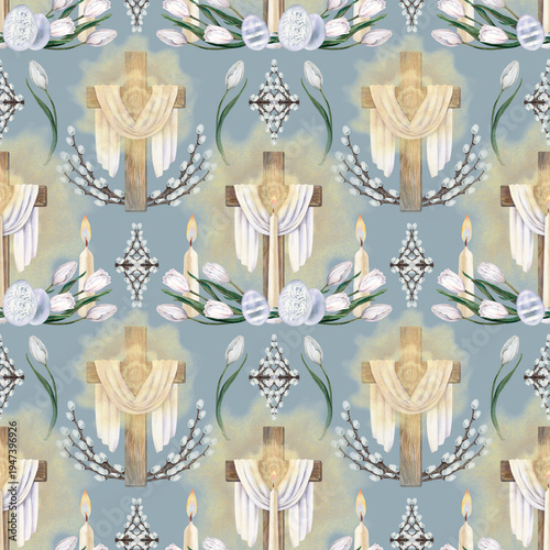 Foto Watercolor Easter pattern with wooden cross, burning candle, white tulips,decorated eggs