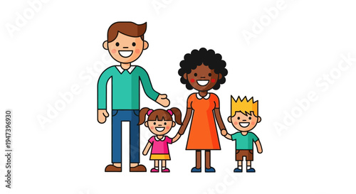 Smiling diverse family standing together, holding hands, embodying a loving multicultural household with happy parents and children