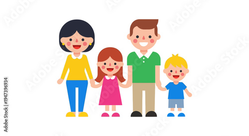 Happy modern family flat vector illustration. Smiling parents, daughter, and son holding hands, symbolizing love and unity