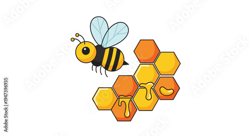 Cute cartoon bee illustration flying near a golden honeycomb with sweet dripping honey, perfect for nature and food-related designs