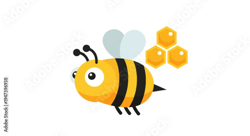 Cheerful cartoon bee icon flying near a golden honeycomb, symbolizing nature's sweetness and industrious honey production, perfect for lively designs