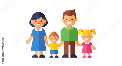 A happy, smiling family of four, composed of two parents and two young children, standing together inclusively