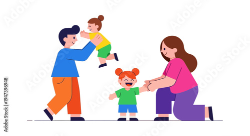 Modern flat design illustration of a happy family with two children, depicting parents joyfully interacting with their young kids in a heartwarming scene
