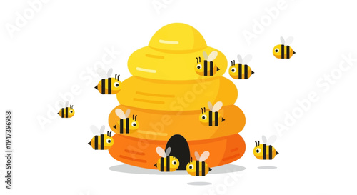 A Vibrant Illustration of a Beehive Teeming with Busy Bees, Symbolizing Hard Work and Nature's Bounty