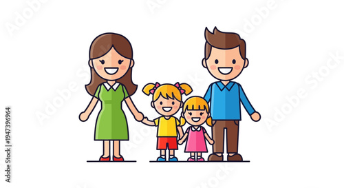 Happy family of four with parents and two young daughters smiling together, illustration