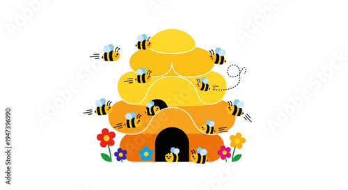 A delightful illustration of a busy beehive teeming with active bees and vibrant flowers, symbolizing nature's harmony and productivity