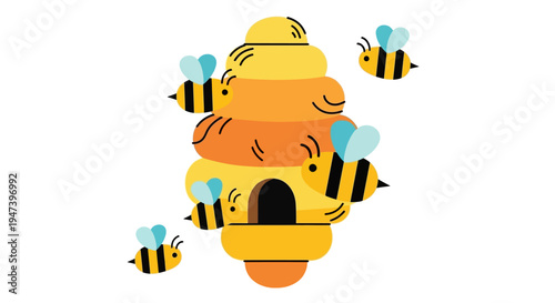 Busy buzzing bees diligently surround a golden beehive, symbolizing industrious activity and the sweet essence of nature's harmonious ecosystem in a vibrant illustration