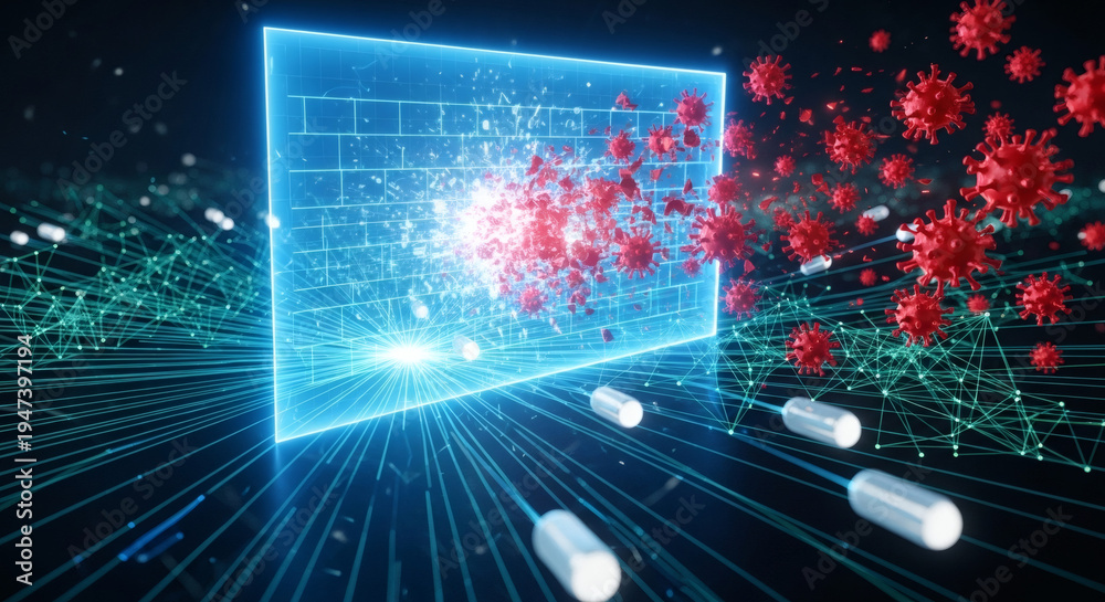 Fototapeta premium Digital shield protecting against virus cells, abstract technology concept of health defense and cybersecurity