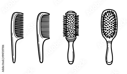 Hairbrush and comb styling tools icon set including paddle brush, round brush and detangling comb for professional hairdressing and grooming
