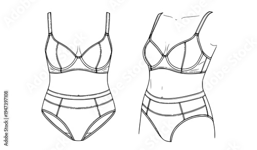 Women lingerie bra and panties set on female body template showing front and side views, modern intimate apparel fashion illustration
