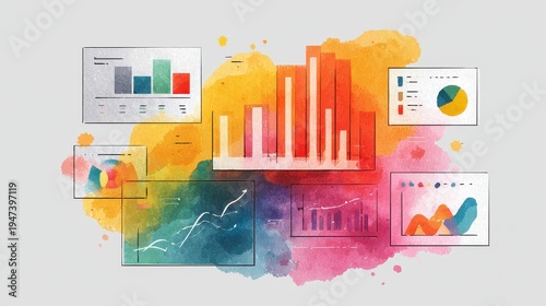 Business analytics flat design side view technology theme watercolor Triadic Color Scheme.