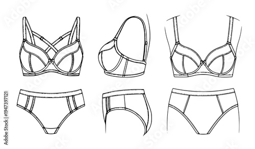 Women lingerie bra and panties set technical fashion illustration showing front, side and back views of modern feminine underwear design
