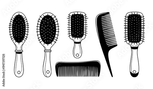 Hairbrush and comb styling tools icon set featuring paddle brushes, detangling comb and professional hairdressing salon grooming equipment