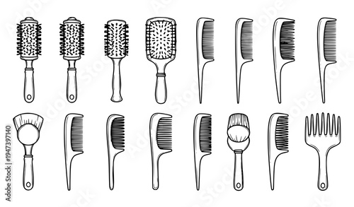 Professional hairbrush and comb styling tools set including round brushes, paddle brushes, detangling combs and salon hairdressing equipment collection