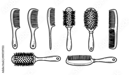 Hairbrush and comb styling tools set including round brush, paddle brush, detangling comb and professional hairdressing salon equipment icons