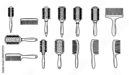 Hairbrush and comb styling tools icon collection including round brushes, paddle brushes, detangling combs and professional hairdressing salon equipment