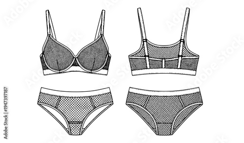 Women lingerie bra and panties set with front and back views, modern female underwear fashion illustration for intimate apparel design