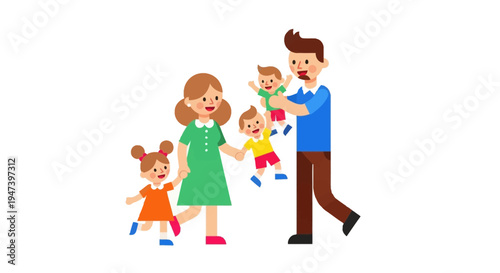 Joyful Family Portrait of Parents with Three Children in a Whimsical Cartoon Style