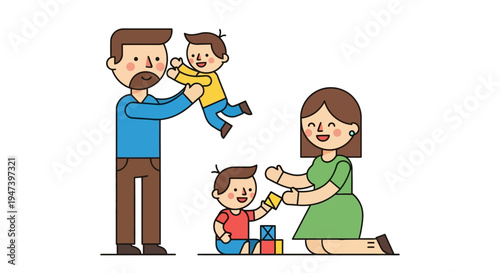 Illustrated vector of a modern family, parents and two children enjoying playful and loving moments together